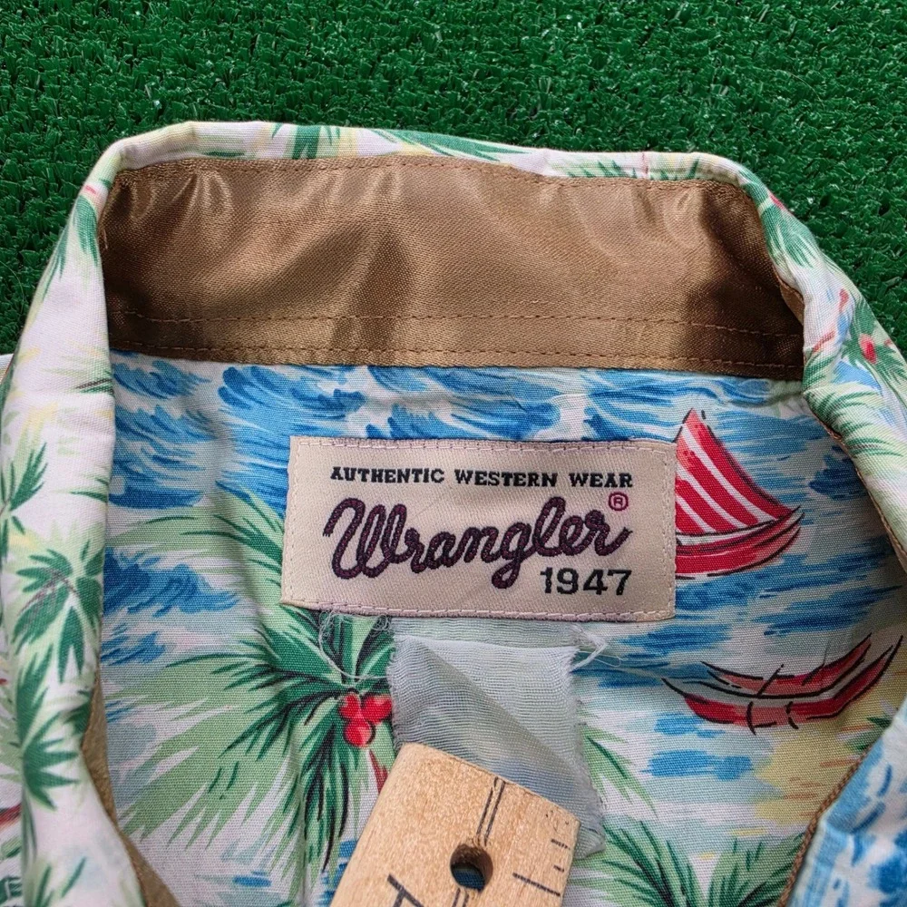 Wrangler Western 1947 Shirt Mens 2XL Hawaiian Beach Island Paradise Sailboat AOP